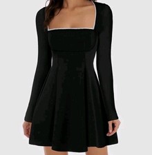 Little Black Dress  Square Neck Long Sleeve Bodyhugging Bodice Dress Size Large