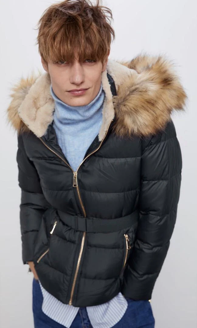 ZARA QUILTED FAUX FUR DUCK DOWN FUR TRIM HOODED PUFFER PADDED