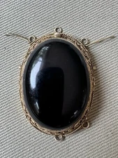 Victorian Gold Plated Sterling 925 Black Onyx Oval Pendant w/  Detachable Slide