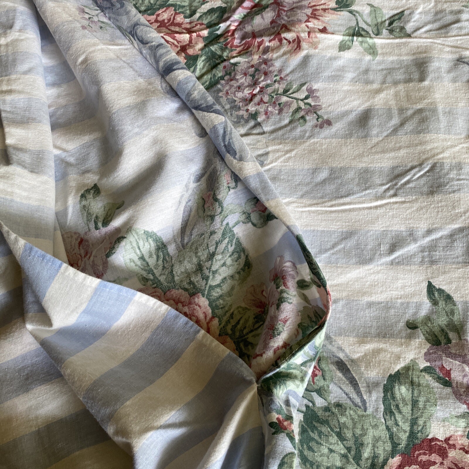 VTG Rare Ikea KING Duvet Cover Blue/White Stripe Floral Cotton UK Made