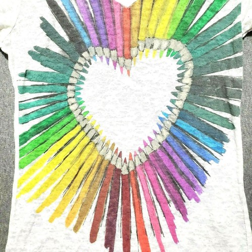 Y2K DOE Heart Love TShirt S Vtg French Cut Baby Tee Color Pencil Art Burnout USA - Picture 5 of 9