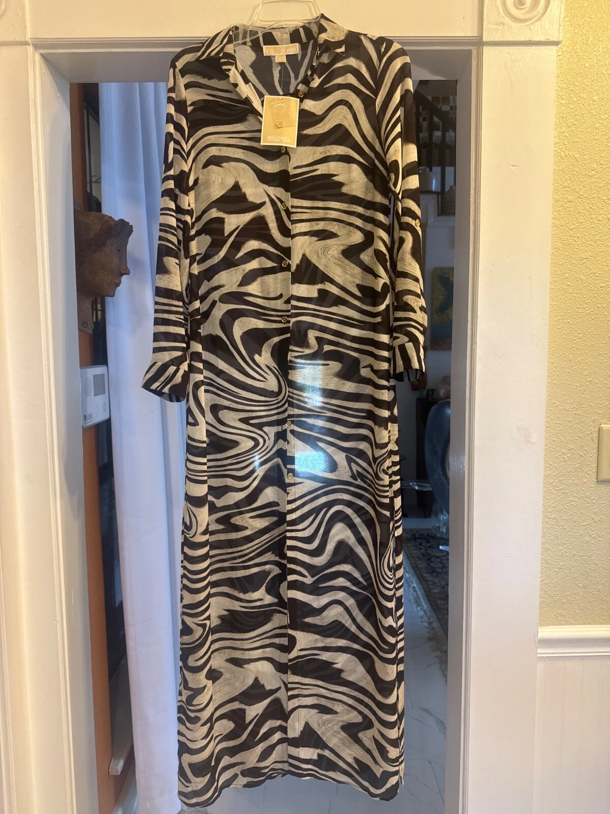 Abito lungo Michael Kors marrone stampa zebrata bottoni colletto trasparente nuovo con etichette TG XS