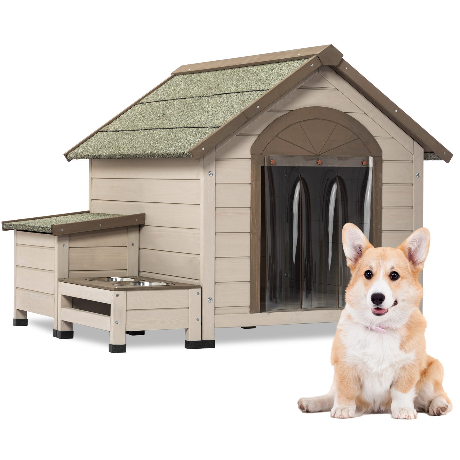 Fir Wood Dog House w/ Open Roof & Storage - Small to Medium Dogs