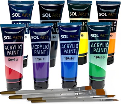 8 Tubes Acrylic Paint 120ml Set with 4 Artist Brushes Assorted Colours Craft Art