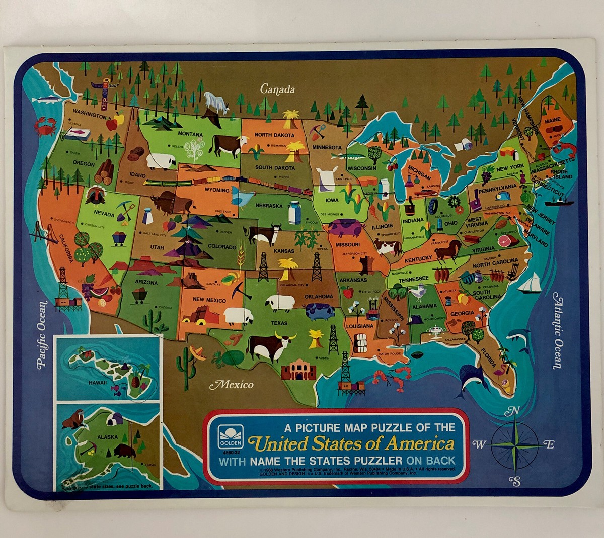 Vintage 1968 United States USA Map Frame Tray Puzzle GOLDEN