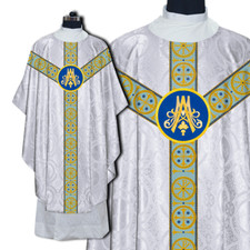 White Gothic Chasuble Vestment with Marian Embroidery motif and stole