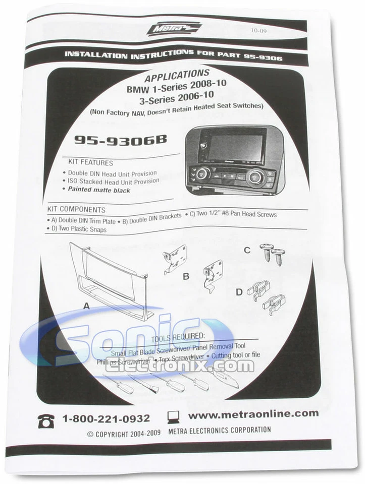 Kit de tablero de instalación doble DIN Metra 95-9306B para BMW Serie 3 2006-2013 (sin navegación) Foto 2 de 3