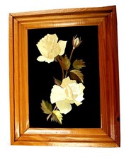 Vintage USSR Handmade Wall Decoration 3D Straw Roses on Fabric Framed Plaque 5