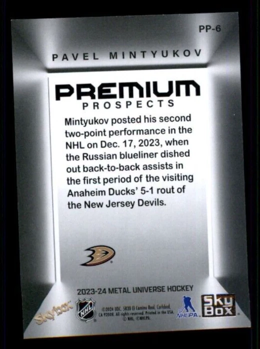 2023-24 Metal Universe SkyBox Premium Prospects #PP6 Pavel Mintyukov. - Image 2 of 2