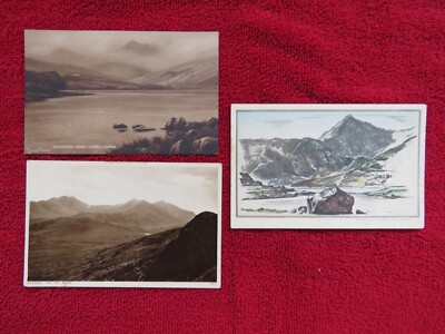 3 Vintage 20er-40er Jahre Mount Snowdon RP und Kunst Postkarten
