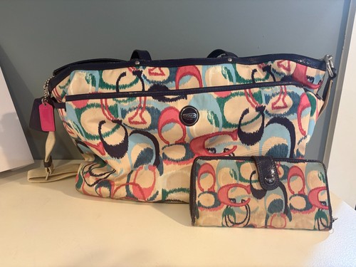 Coach Ikat Scribble Diaper Bag & Wallet Multicolor Patent Trim F24445