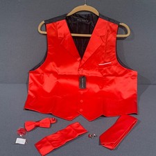 Barry.Wang Vest Set Men XXXL Red Silk Tie Bowtie Cufflinks Formal Wedding Suit