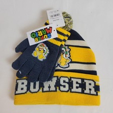 New NWT Children's Super Mario Bowser Pom Beanie Hat and Gloves Set Yellow Blue
