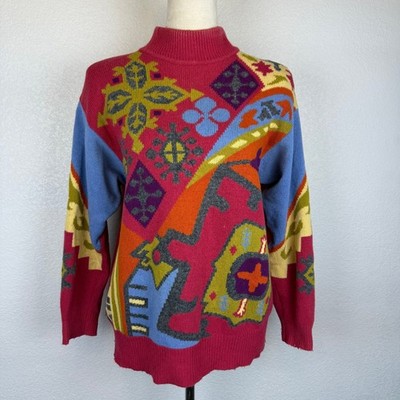 Vintage 80's IB Diffusion Geometric Vibrant Print Mock Neck Womens Wool Sweater