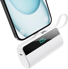 Mini Portable Charger for Iphone with Built in USB C Cable, 5500Mah Small Power 