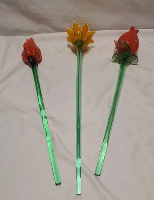 3 Vintage Murano Style Hand Blown Glass Flowers Long Stem Rose Tulip Sunflower 