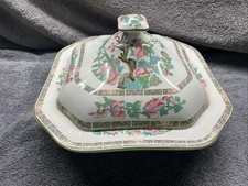 Myott Staffordshire Indian Tree Covered Vegetable Bowl Pink Green Trim