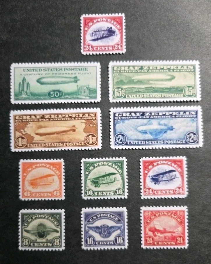 US Early Air Mail Stamp Replica Set #C1-C6, #C13-#C15, #C18, #C3a Inverted Jenny