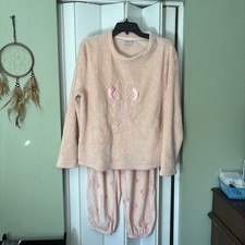 Disney 100 2pc Womens Peachy Pink Fleece Minnie Mouse Long Sleeve Pajama Set L