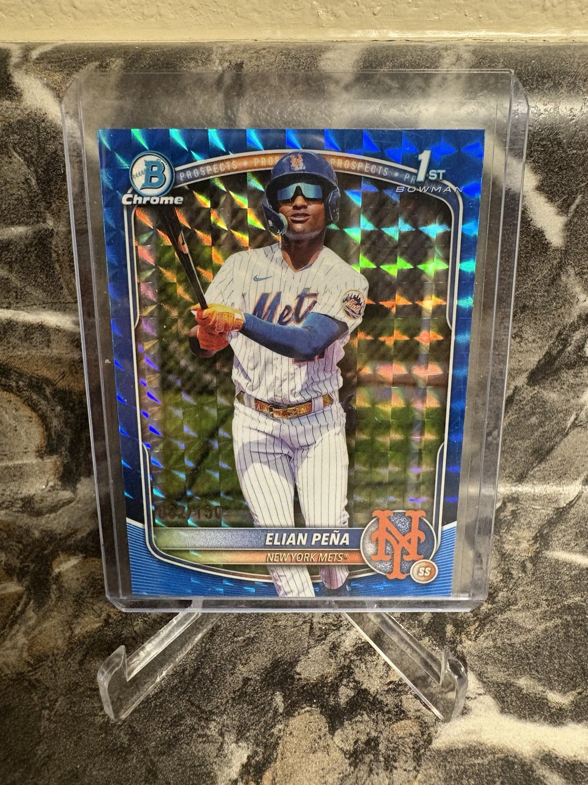 Elian Pena 2025 1st Bowman Chrome Blue Geometric Refractor #BCP-155 NY Mets /150