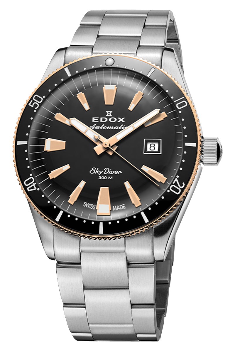 Edox Skydiver Automatic Steel Black Dial Date Diver Mens Watch 80126-357RNM-NIRB