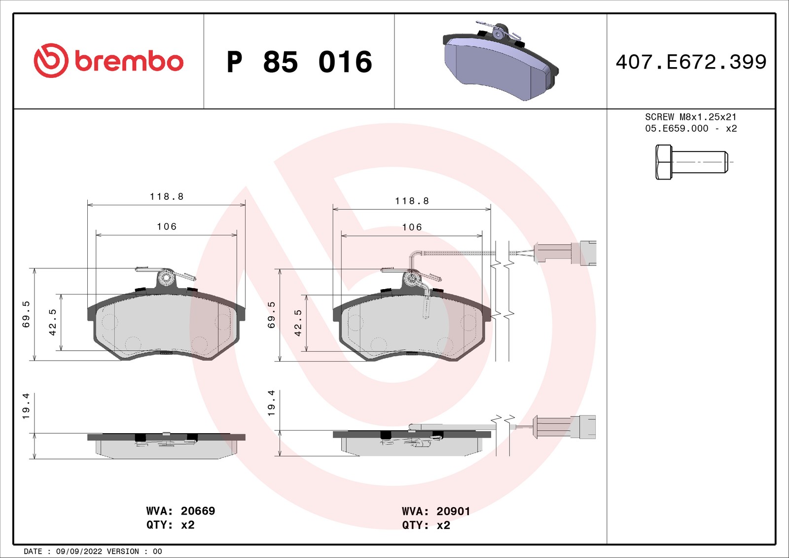 Für BREMBO P 85 016 Brake Pad Set, Disc Brake - Bild 5