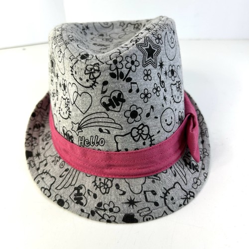 Hello Kitty Fedora Hat Gray Black Pink Bow Sanrio Cat Youth Jersey Knit - Picture 2 of 13