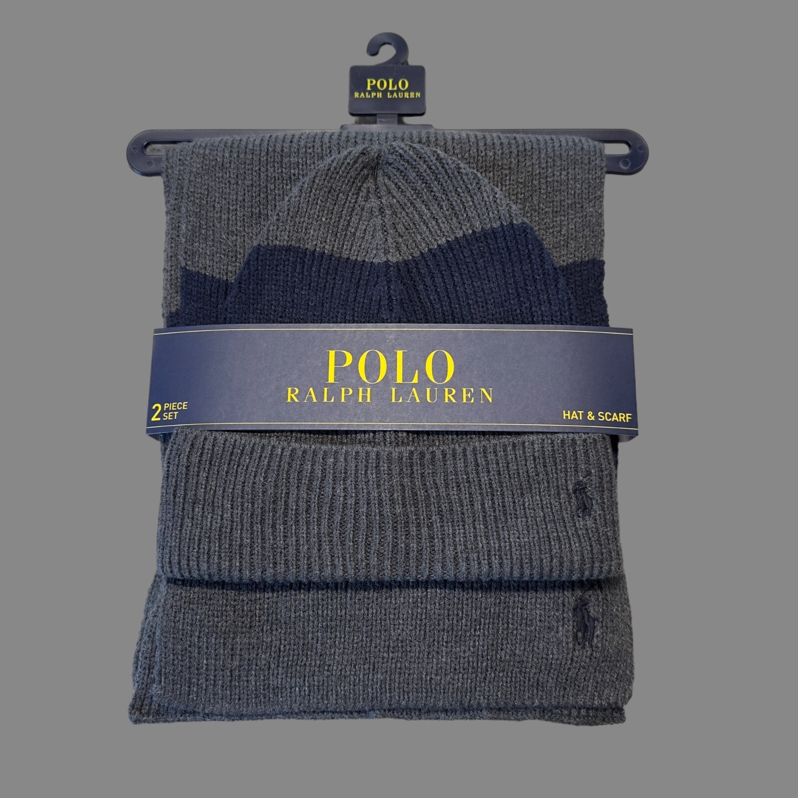 PONY POLO RALPH LAUREN CAPPELLO E SCIARPA 2 PEZZI GRIGIO BLU NUOVO CON ETICHETTE