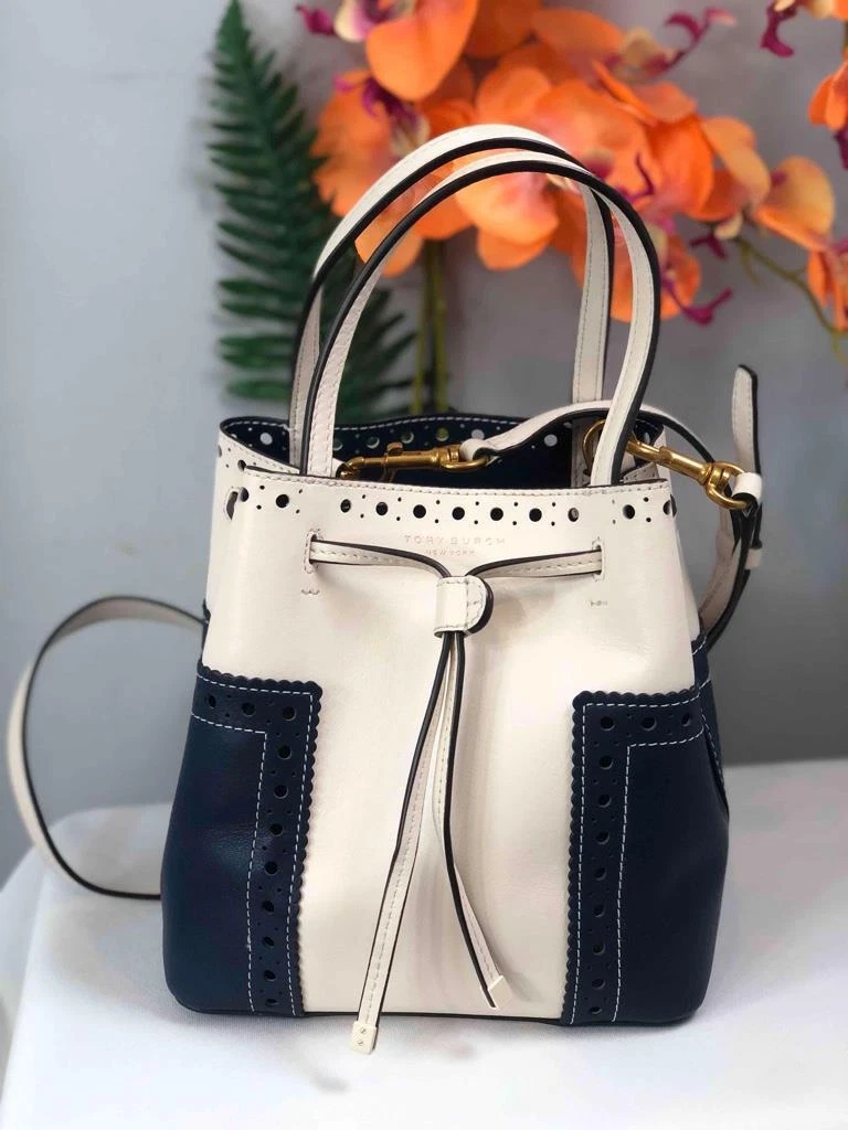 Tory Burch Dark Blue Brogue Leather Mini Block-T Bucket Bag