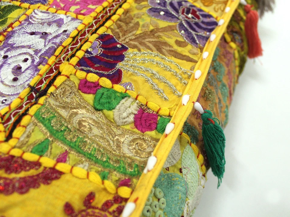 Yellow Patchwork Square Floor Pillow Bohemian Decorative Pillow Vintage Cover AU - Image 3 of 4