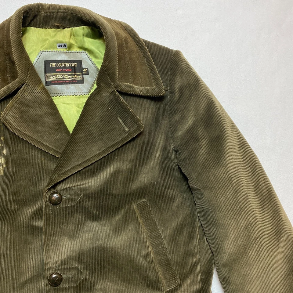 Chaqueta de Colección Sears Para Hombres 42 Reg Verde Oliva The Country Abrigo Pesado Pana Años 70 Foto 2 de 4