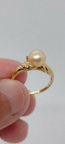 14K 7-8mm Golden AKOYA Pearl Ring W/ Diamond Solid Yellow Gold Ring. - Picture 8 of 15