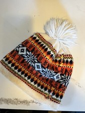 Vintage Pom Hat Wool Winter Beanie Nordic Knit Ski White Orange Brown