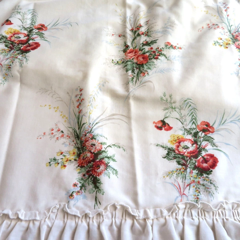 Sears Twin Fitted Sheet 1 Standard Pillow Sham Beige Floral Ruffled Vintage - Image 2 of 4