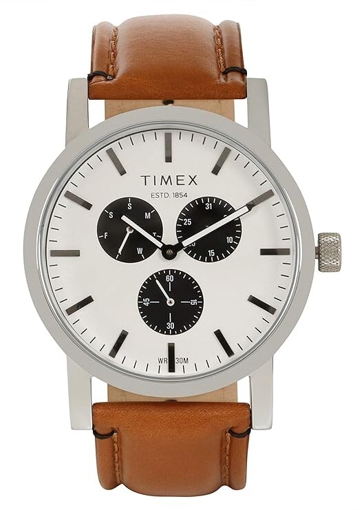 Timex Men Leather Analog Silver Dial Watch Band Color Brown