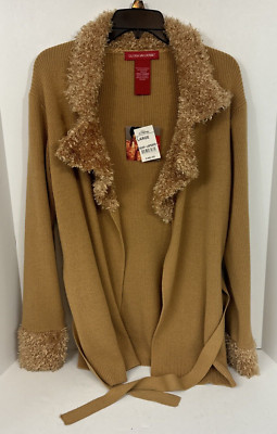 Gloria Vanderbilt Women s L Sand Brown Fringe Collar Belted Cardigan Sweater NWT