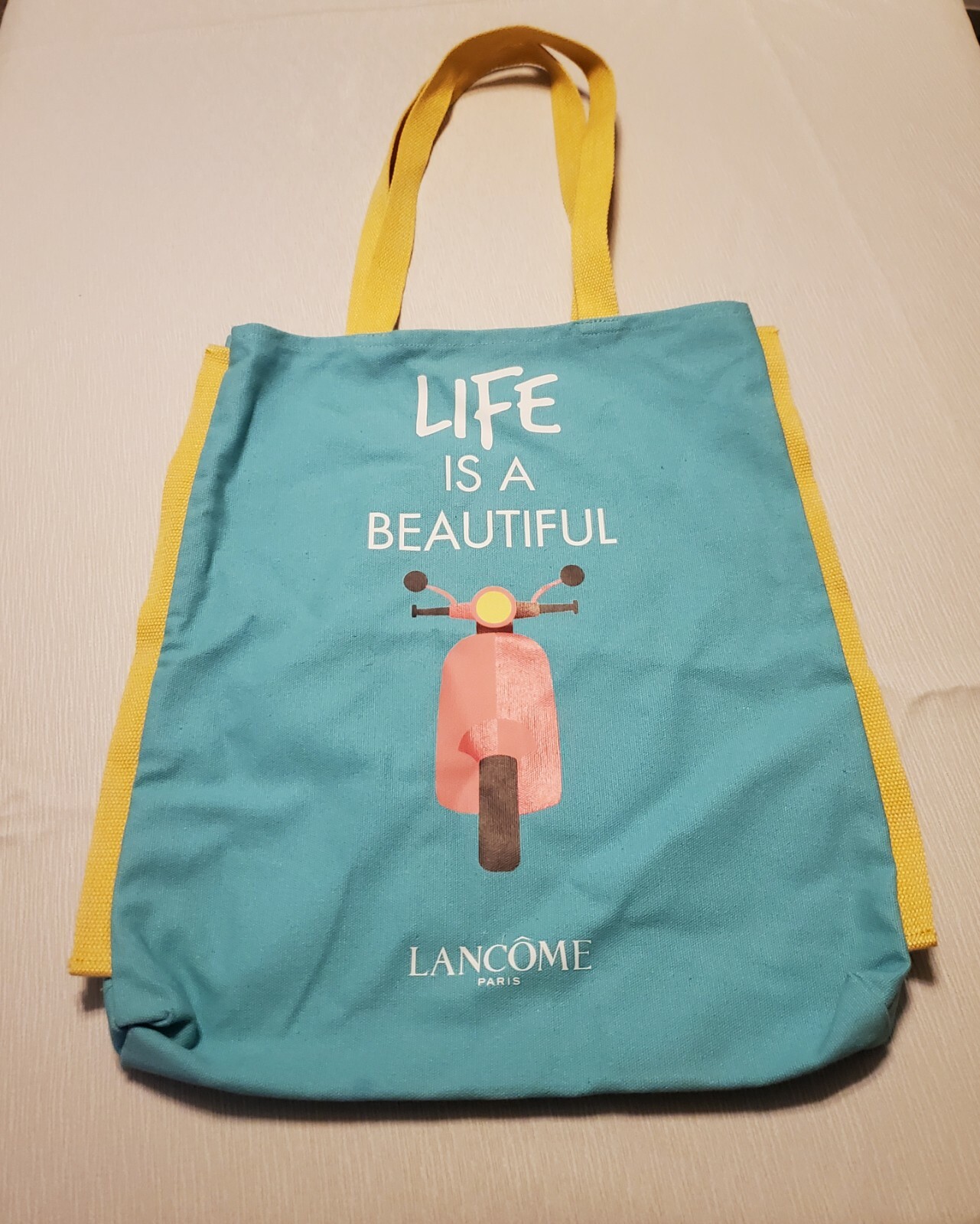 Lancome Life is a Beautiful Ride Turquoise Pink Tote with Yellow Handles