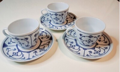 Porzellan 3×Kaffeetasse/Untertasse Indisch Blau Strohblume DDR Jäger Eisenberg