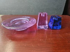 3 FIRE AND LIGHT RECYCLED GLASS COBALT BLUE LAVANDER CANDLE HOLDER CANDLESTICKS