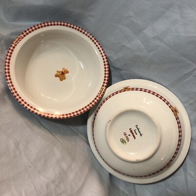2 VTG LIPTON GUND TEDDY BEAR SOUP CEREAL BOWL 6.5' RED GINGHAM BORDER CERAMIC