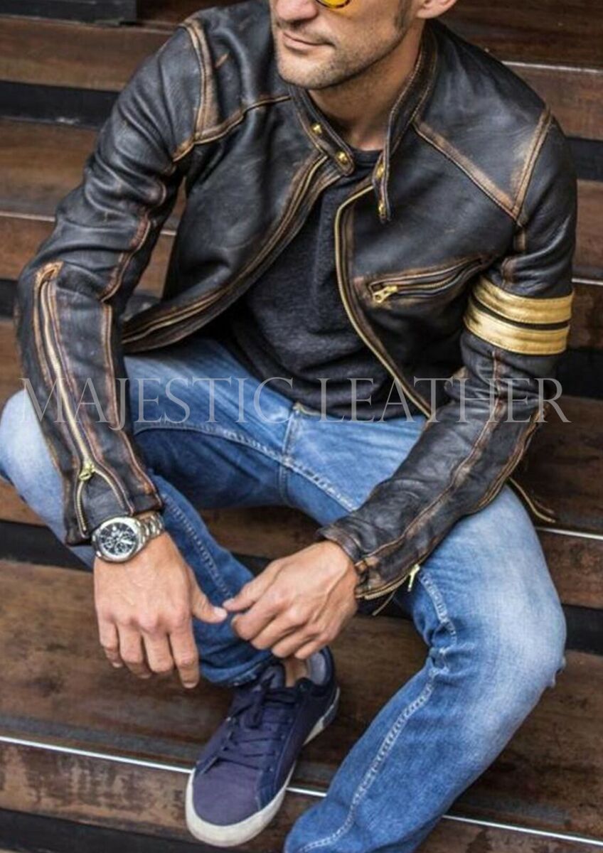 Men's Motorcycle Biker Vintage Cafe Racer Distressed Black Men's Motorcycle Biker Vintage Cafe Racer Distressed Black