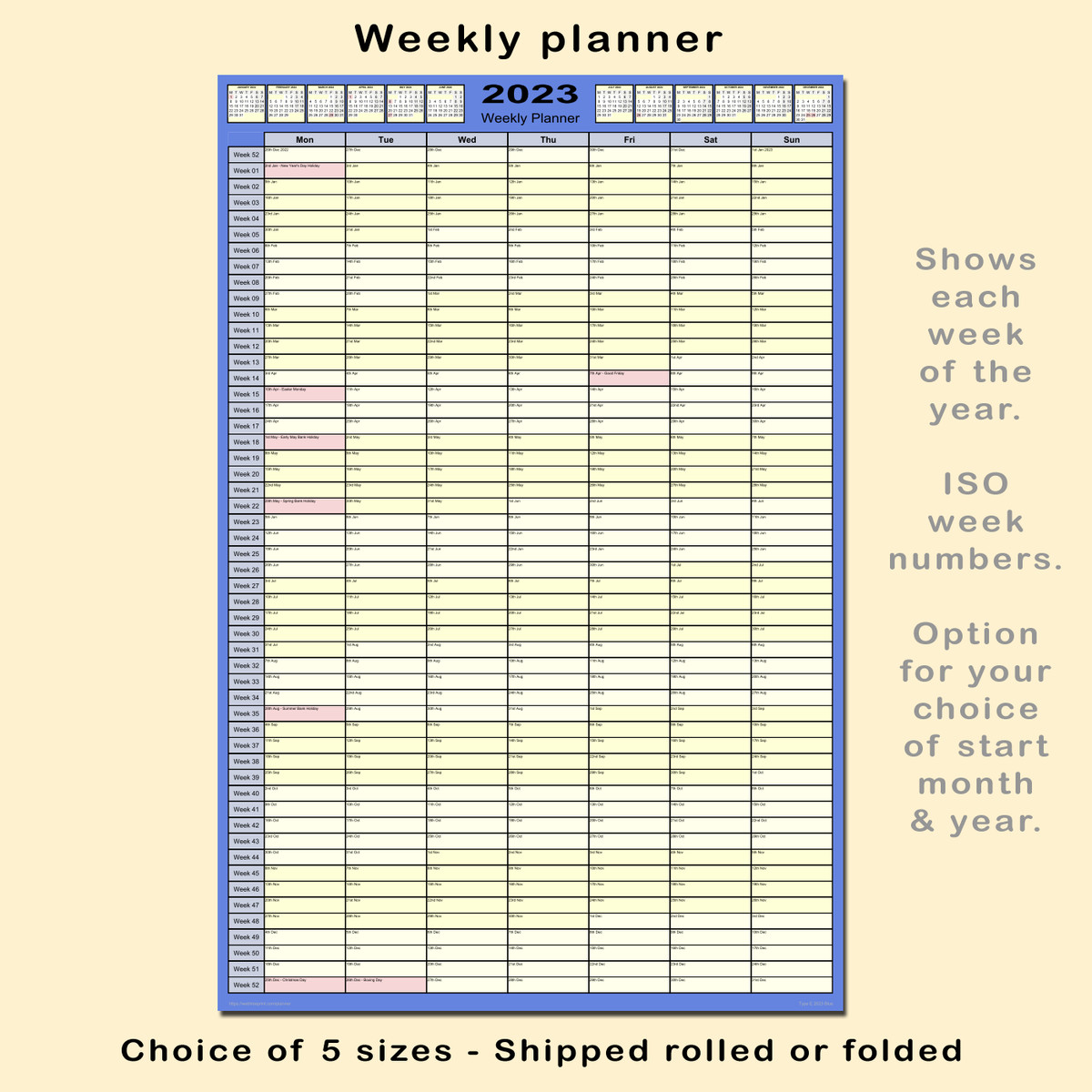 2023 Weekly Wall Planner / Calendar BLUE - ISO week numbers - 5 sizes,  roll/fold | eBay