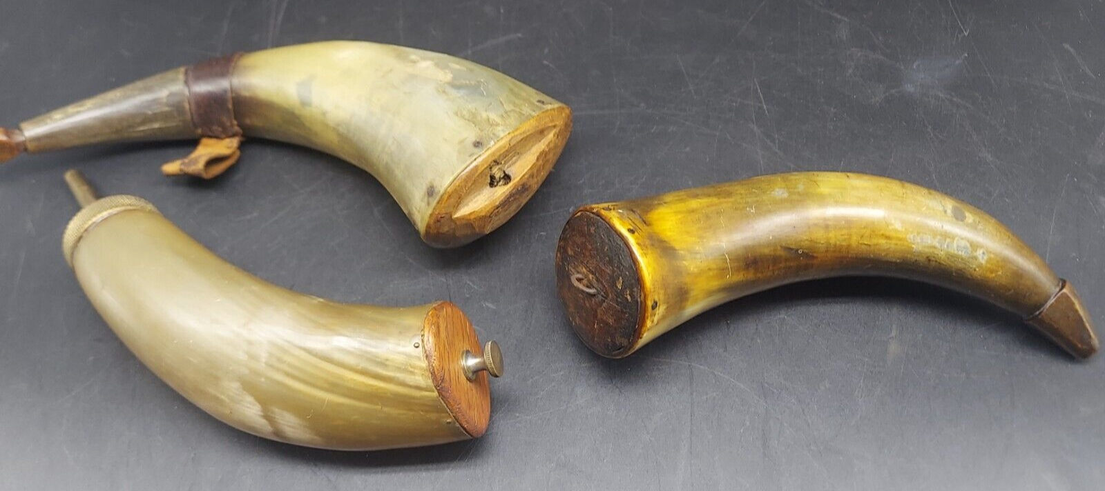 3 Vintage Powder Horn Black Powder Musket Flintlock 2 Antique 1 Dated