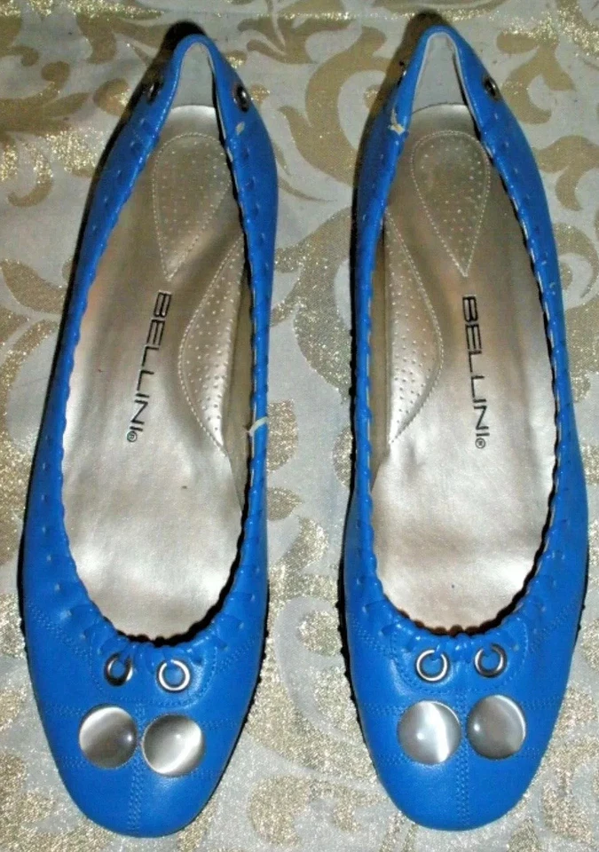 BELLINI MOCASINES PLANOS DE BALLET CUERO AZUL REAL DIAPOSITIVAS CON BOTÓN, OJAL DECORACIÓN 8,5 Foto 4 de 4