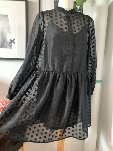 BNWT H&M Black sheer polkadot spotty loose babydoll oversized skater dress - Picture 3 of 10