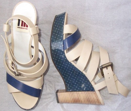 IM ISOLA MARRAS Beige Blue Leather Polka Dot Wedge Platform Sandals Shoes 39 9 - Picture 2 of 2