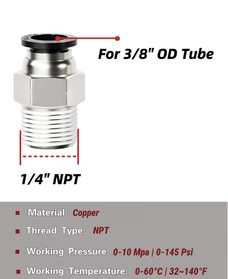 Montaje de manguera recto de 3/8" OD a 1/4" NPT rosca macho 10 piezas Foto 3 de 4