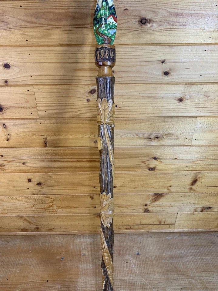 Vintage 1964 Carved Wood  (one-of-a-kind) German Walking Cane Zugspitze 36-1/4” - Image 3 of 4