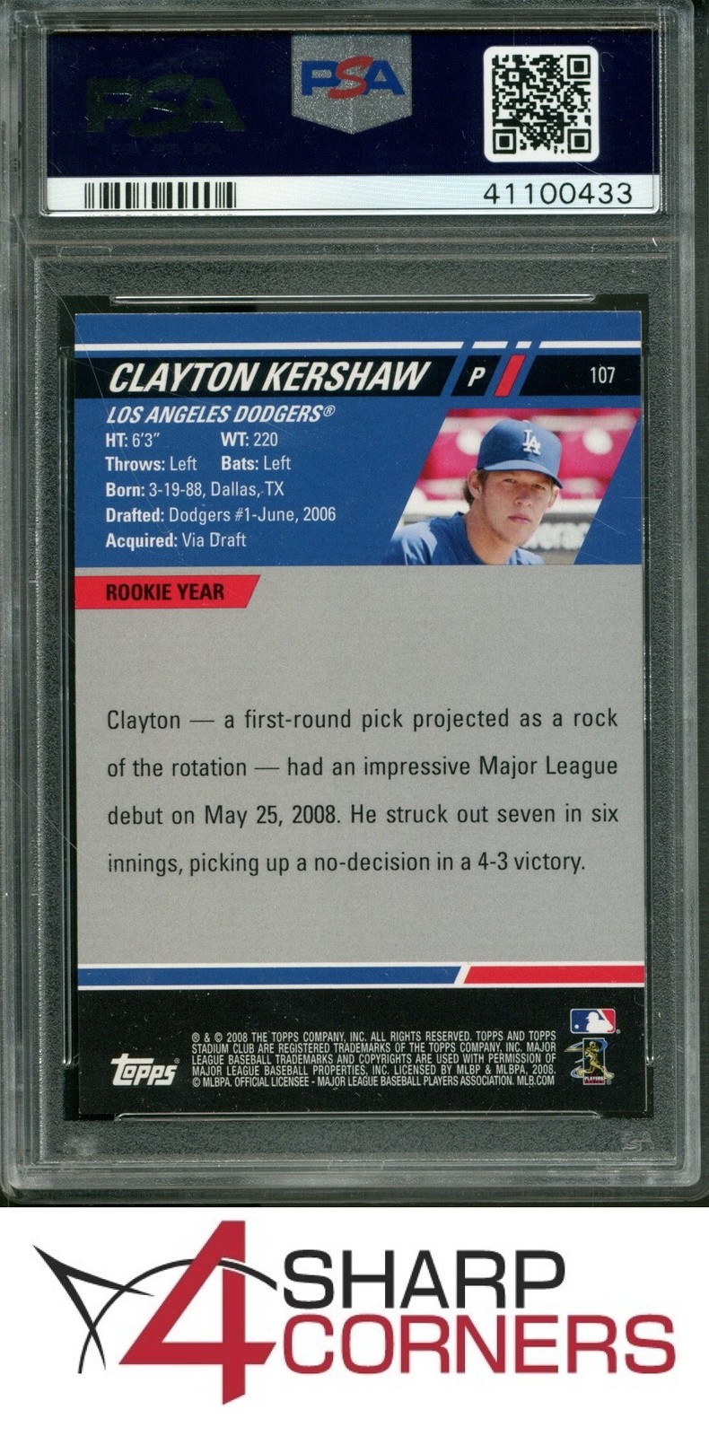 2008 STADIUM CLUB #107 CLAYTON KERSHAW RC DODGERS PSA 9 view 2
