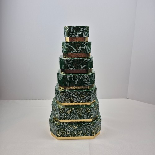 Deko Stapel Geschenkboxen 6er Set grün gold Blumen verschachtelt Weihnachten Verpackung - Bild 1 von 13